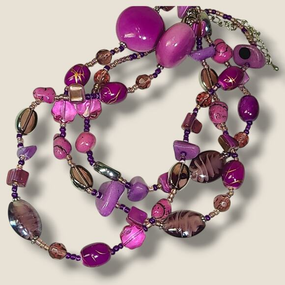 Vintage Bright Purple Stone Art Glass & MOP Shell Bead Necklace 42" - Picture 2 of 11